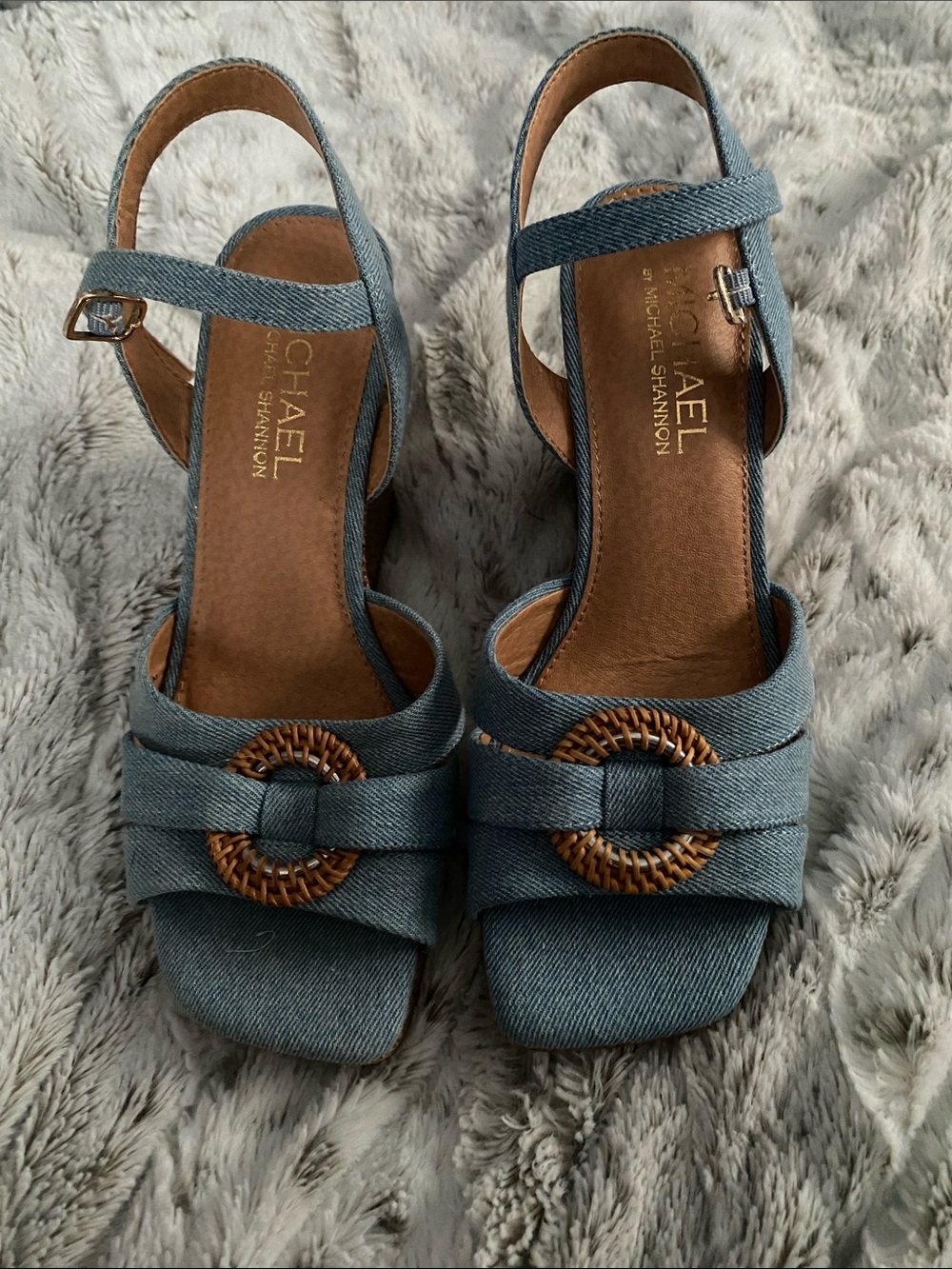 Michael Shannon Denim Blue Woven Ring Slingback Heels